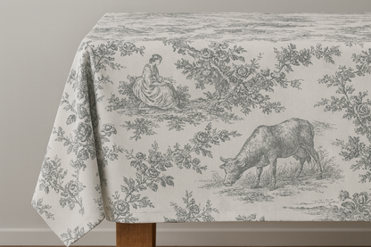 Grey Toile de Jouy print detail on cotton tablecloth - Viraasa
