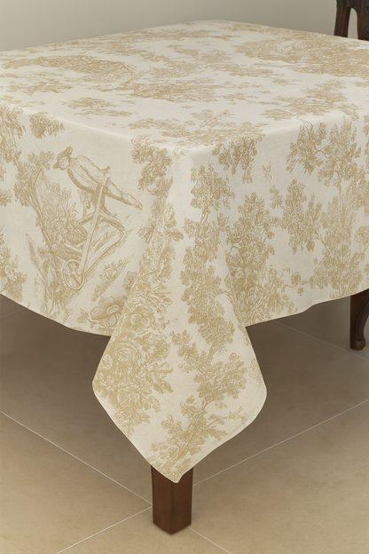 Beige Toile cotton tablecloth folded view - Viraasa luxury linens
