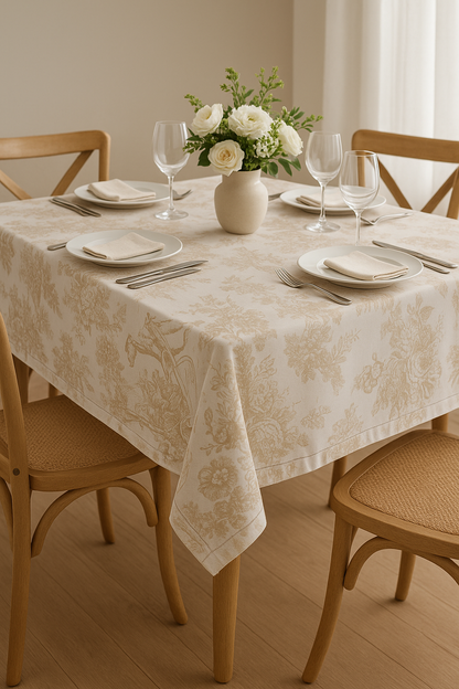 Beige Toile de Jouy print detail on cotton tablecloth - Viraasa
