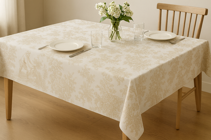 Beige Toile de Jouy Cotton Table Cover - Viraasa luxury French print tablecloth