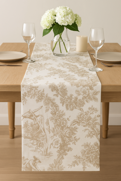 Beige Toile de Jouy Cotton Table Runner - Viraasa luxury French print runner