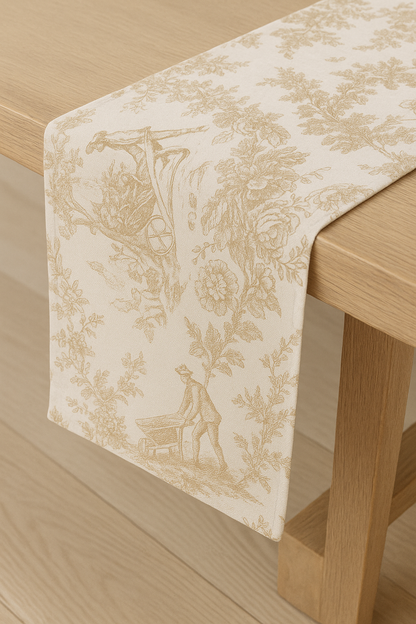 Beige Toile de Jouy print detail on cotton runner - Viraasa
