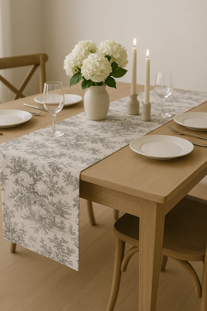 Grey Toile de Jouy Cotton Table Runner - Viraasa luxury French print runner