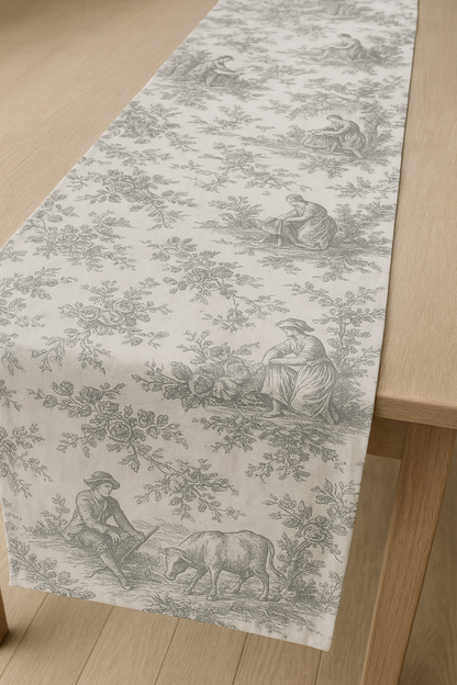 Grey Toile de Jouy print detail on cotton runner - Viraasa