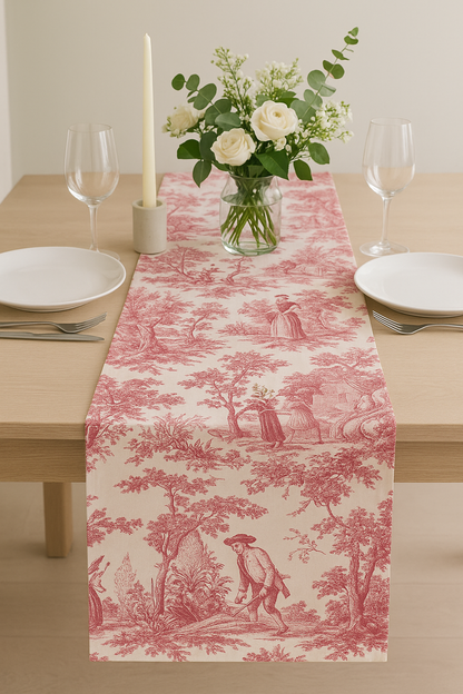 Red Toile de Jouy Linen Table Runner - Viraasa luxury French print runner