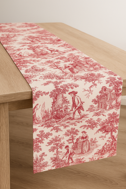 Red Toile linen runner styled on dining table - Viraasa
