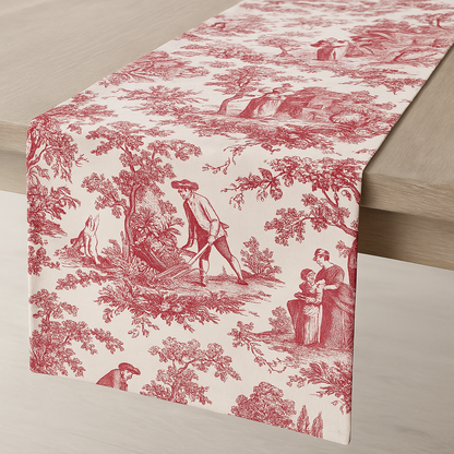 Red Toile de Jouy print detail on linen runner - Viraasa