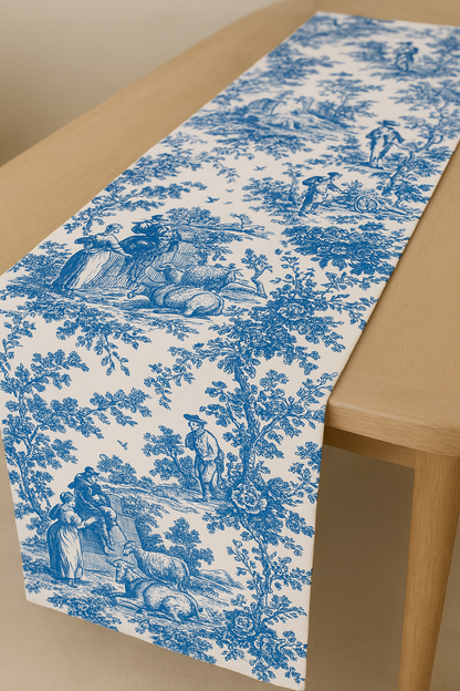 Blue Toile linen runner alternative view - Viraasa luxury home