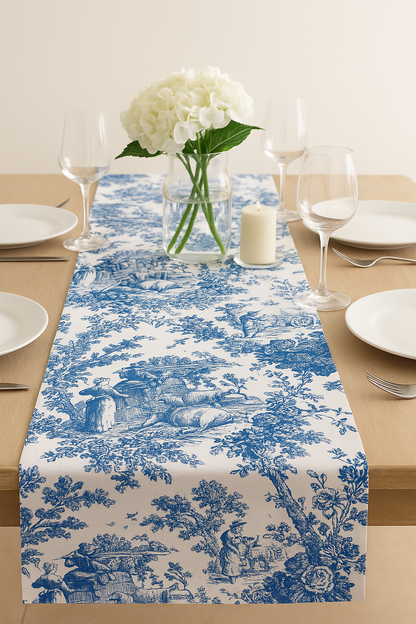 Blue Toile de Jouy Linen Table Runner - Viraasa luxury French print runner
