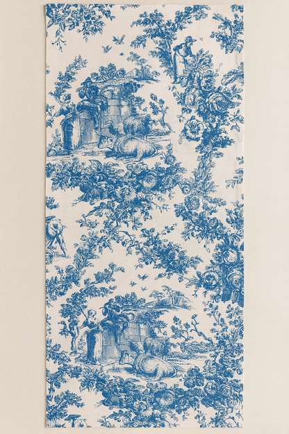 Blue Toile de Jouy print detail on linen runner - Viraasa