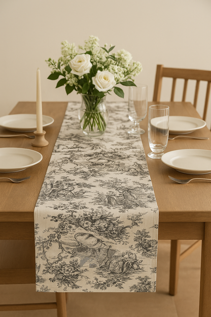 Black Toile de Jouy Cotton Table Runner - Viraasa luxury French print runner