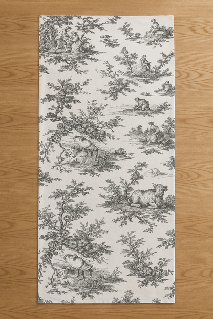 Black Toile cotton runner styled on dining table - Viraasa