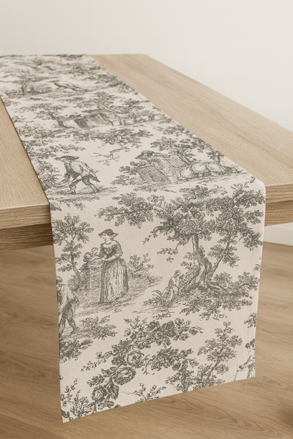 Black Toile de Jouy print detail on cotton runner - Viraasa
