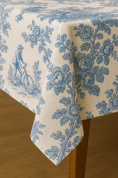 Blue Toile cotton table cover styled on dining table - Viraasa