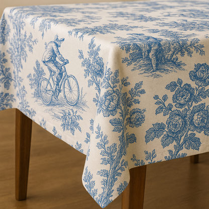 Blue Toile de Jouy print detail on cotton tablecloth - Viraasa