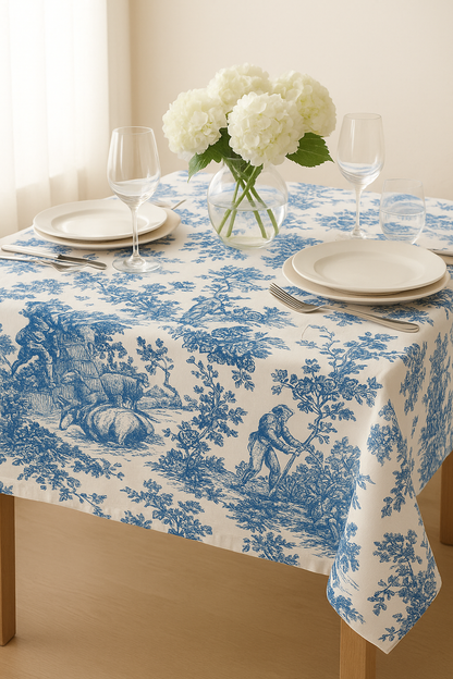 Blue Toile de Jouy Cotton Table Cover - Viraasa luxury French print tablecloth
