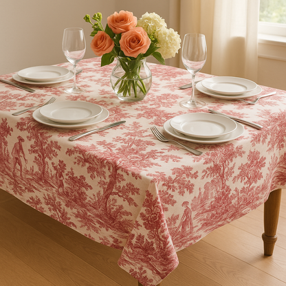 Red Toile de Jouy Cotton Table Cover - Viraasa luxury French print tablecloth