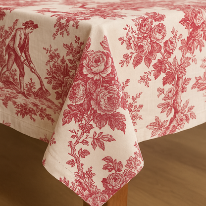 Red Toile de Jouy print detail on cotton tablecloth - Viraasa