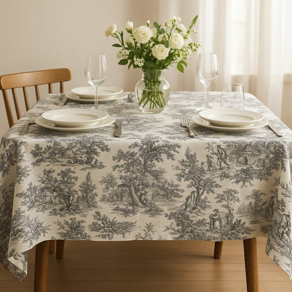 Black Toile de Jouy Cotton Table Cover - Viraasa luxury French print tablecloth