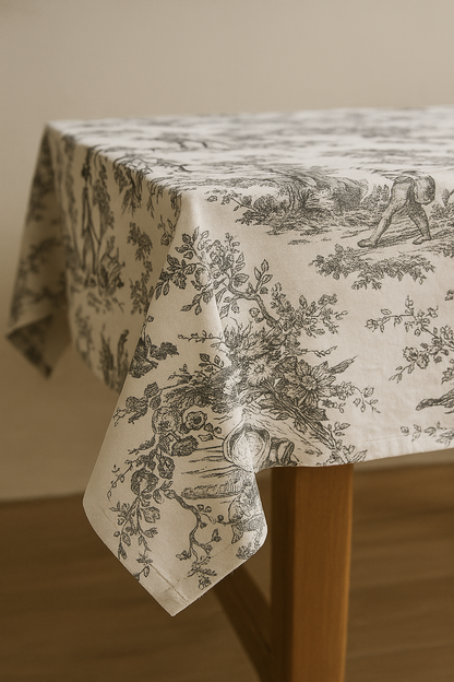 Close-up of Black Toile cotton tablecloth - Viraasa luxury home