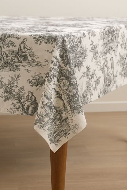 Black Toile cotton table cover styled on dining table - Viraasa