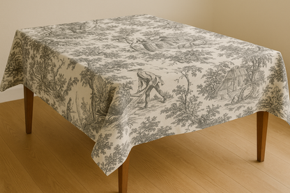 Black Toile de Jouy print detail on cotton tablecloth - Viraasa