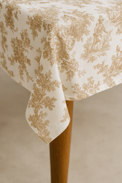 Brown Toile de Jouy print detail on cotton tablecloth - Viraasa