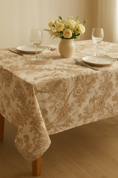Brown Toile de Jouy Cotton Table Cover - Viraasa luxury French print tablecloth