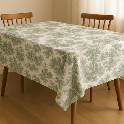 Green Toile linen table cover styled on dining table - Viraasa