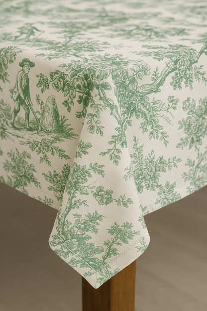 Green Toile de Jouy print detail on premium linen tablecloth - Viraasa