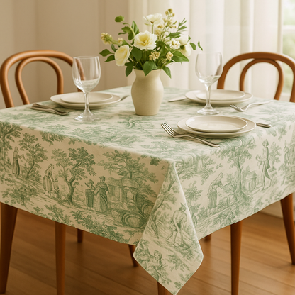 Green Toile de Jouy Linen Table Cover - Viraasa luxury French print tablecloth