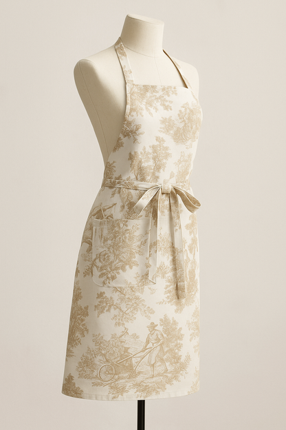Brown Toile de Jouy Cotton Apron | Premium French Print Kitchen Apron