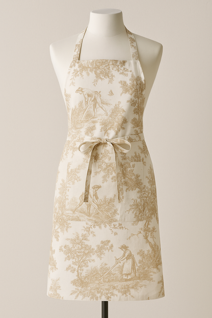 Brown Toile de Jouy Cotton Apron | Premium French Print Kitchen Apron