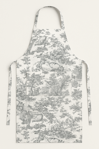 Grey Toile de Jouy Cotton Apron | Premium French Print Kitchen Apron