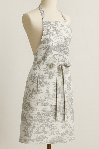 Grey Toile de Jouy Cotton Apron | Premium French Print Kitchen Apron