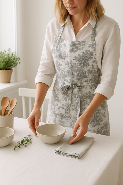 Grey Toile de Jouy Cotton Apron | Premium French Print Kitchen Apron