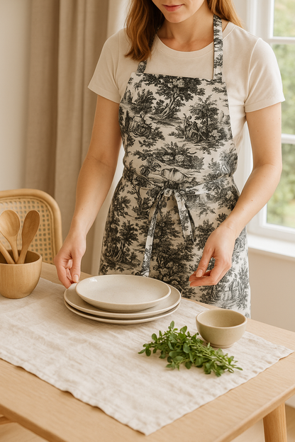 Black Toile de Jouy Cotton Apron | Premium French Print Kitchen Apron
