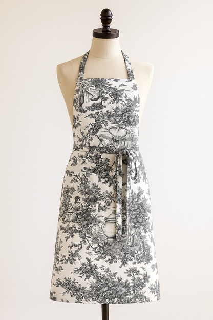 Black Toile de Jouy Cotton Apron | Premium French Print Kitchen Apron