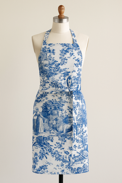 Blue Toile de Jouy Cotton Apron | Premium French Print Kitchen Apron