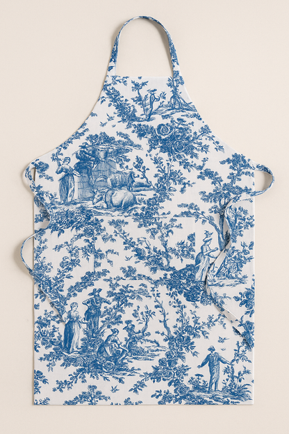 Blue Toile de Jouy Cotton Apron | Premium French Print Kitchen Apron