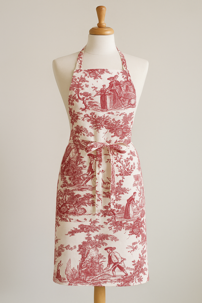 Red Toile de Jouy Cotton Apron | Premium French Print Kitchen Apron