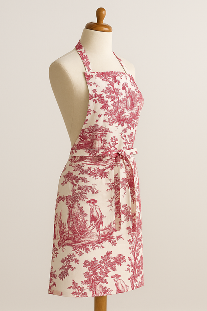 Red Toile de Jouy Cotton Apron | Premium French Print Kitchen Apron