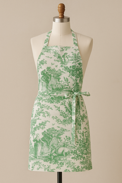 Green Toile de Jouy Cotton Apron | Premium French Print Kitchen Apron