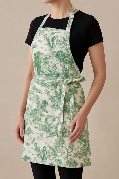 Green Toile de Jouy Cotton Apron | Premium French Print Kitchen Apron