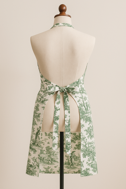 Green Toile de Jouy Cotton Apron | Premium French Print Kitchen Apron