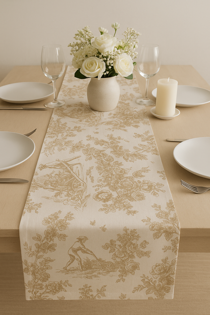 Brown Toile de Jouy Linen Table Runner - Viraasa luxury French print runner
