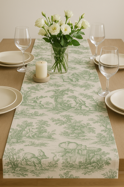 Green Toile de Jouy Linen Table Runner - Viraasa luxury French print runner