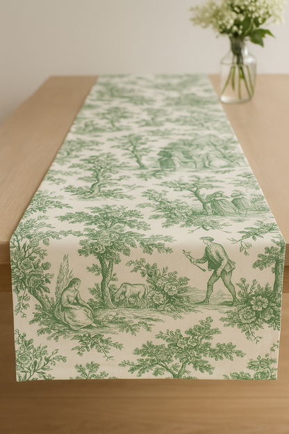 Green Toile linen runner styled on dining table - Viraasa
