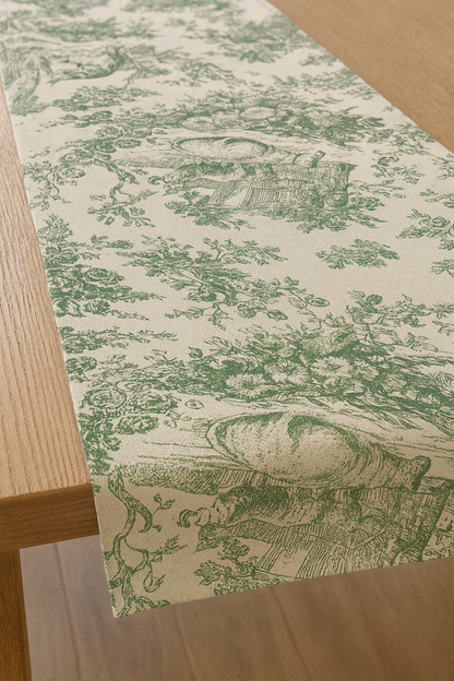 Green Toile de Jouy print detail on linen runner - Viraasa