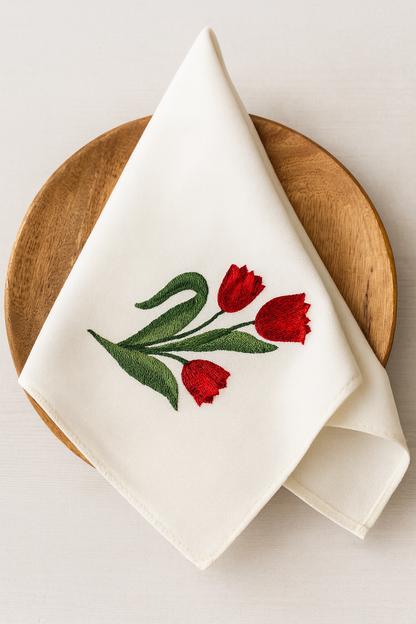 Roselle Bloom Embroidered Cotton Napkins Set of 6 | Floral Dining Decor